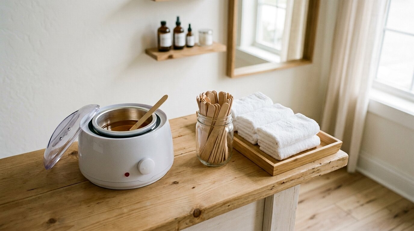 Illustrated — an open wax warmer with a wooden spatula, a jar of spatulas and folded white towels on a wooden table by a window